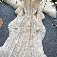 Robe longue décontractée pour femme, élégante, en dentelle brodée, à manches longues, coupe trapèze, avec cordon de serrage à la taille, pour tous les jours et les soirées