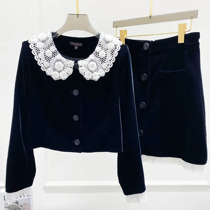 New arrivals dropshipping high quality 2 pieces elegant black velvet skirt and jacket suit for ladies