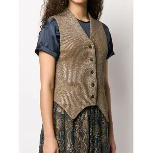 Shiny Gold Dinner Party Wedding Women Sleeveless Cardigan Sweater Knitted Vests