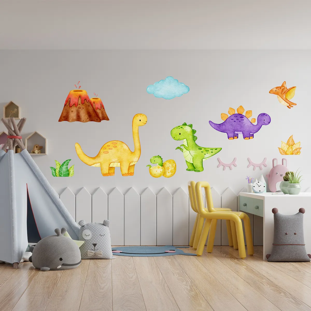 Adesivo de parede para decoração de casa em PVC semitransparente com tema de dinossauro personalizado e removível para quarto de crianças
