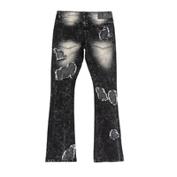 Pantalon en tissu denim de haute qualité, style streetwear, design déchiré, jambe évasée superposée, jeans avec patchs brodés personnalisés, jeans pour hommes