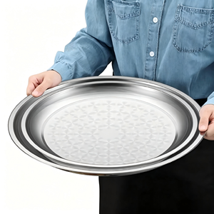 Plateau de service rond en acier inoxydable de 100 cm, grand, à fond plat, multi-usages, <span class=keywords><strong>pour</strong></span> hôtel, restaurant, <span class=keywords><strong>barbecue</strong></span>, compatible micro-ondes - Product Image 4