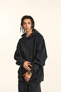 Set Hoodie dicuci asam antik rajutan musim gugur 100% katun-Pullover besar kustom 3D dasi Jacquard cetak pewarna depan panjang bertudung - Product Image 2