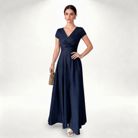 Vestido Maxi Elegante de Satén para Mujer, Corte en A, Cuello en V, con Mangas Cortas y Cintura Natural, Lavable, Romántico, para Otoño/Verano