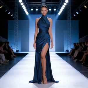 Abito Lungo Elegante <span class=keywords><strong>da</strong></span> <span class=keywords><strong>Sera</strong></span>/Ballo in Raso Color Champagne, Senza Maniche, con Dettagli Drappeggiati, per Matrimoni e Feste <span class=keywords><strong>da</strong></span> Donna - Product Image 2