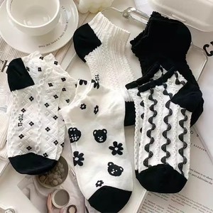 Women's Ankle Socks Black White Floral Bear Pattern Breathable Sweat Absorbing <b>Spring</b> Summer Korean Style Lace Short Socks - Product Image 2