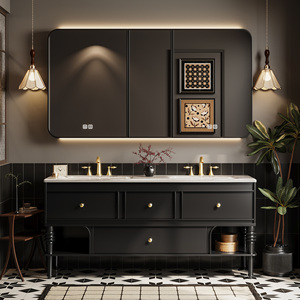 Meuble-lavabo double vasque <span class=keywords><strong>en</strong></span> bois 60-92 pouces, style rétro français, autoportant, avec grands tiroirs et <span class=keywords><strong>miroir</strong></span> intelligent anti-buée pour villa - Product Image 1