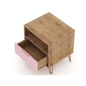 Mesita de noche rosa con marco de madera y patas de metal para almacenamiento en el dormitorio - Product Image 5