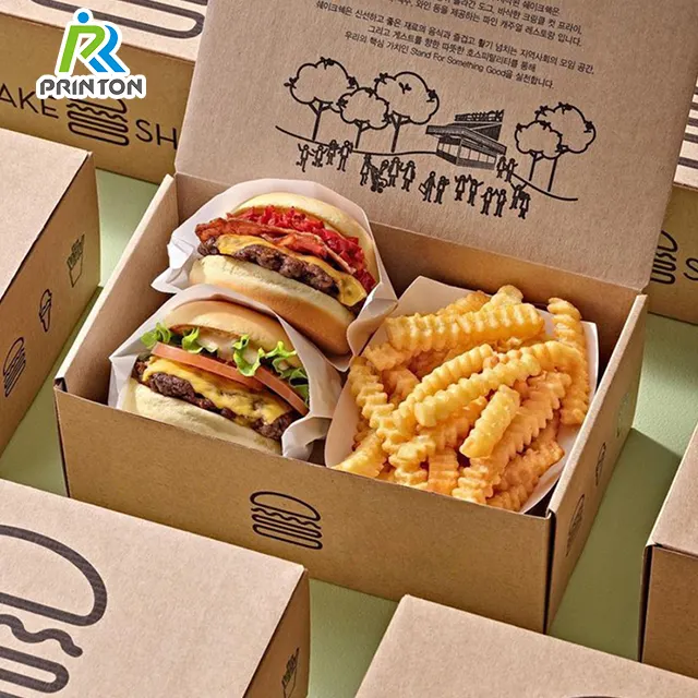 Custom take away box take out large square folding restaurant fast food packaging for sandwich lunch packing burger