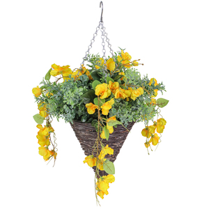 Panier <span class=keywords><strong>de</strong></span> fleurs artificielles en gros, orchidée jaune 3D suspendue, pot en plastique, feuilles vertes, longue durée <span class=keywords><strong>de</strong></span> vie, pour remise <span class=keywords><strong>de</strong></span> diplôme, mariage, jardin - Product Image 3