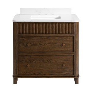 Custom Solid Wood with Oak Veneered <strong>Bathroom</strong> <strong>Vanity</strong> Striped Fluted Design with Quartz Countertop Single Sink Modern Cabinet - Product Image 5