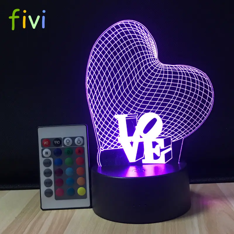 3D 러브 하트 램프 착시 야간 조명 터치 7 색 변경 데스크 램프