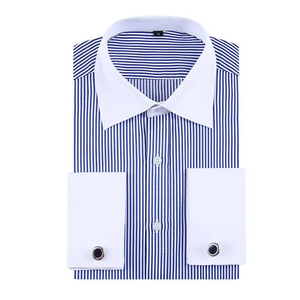 <span class=keywords><strong>Camicia</strong></span> da <span class=keywords><strong>Uomo</strong></span> in Stile Francese, <span class=keywords><strong>Slim</strong></span> <span class=keywords><strong>Fit</strong></span>, Formale e Casual, a Righe, in Twill Intrecciato, Maniche Lunghe, Colletto Rovesciato, con Perline, in Poliestere e Cotone - Product Image 1