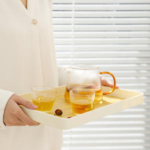 Plateau de service rectangulaire de style japonais, plateau à thé et café en bois grainé blanc cassé pour la maison, la cuisine, la salle à manger, design élégant - Product Image 5