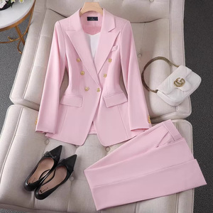 Women's Pink Double-Breasted Suit Set Solid Color Polyester Worsted Fabric <b>Work</b> Wear Spring Season - Product Image 4