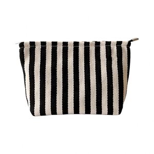 Bolsa de Maquillaje de Viaje de Lona a Rayas de Gran Capacidad, Bolsa de Aseo de PU de Alta Gama con Cierre de Cremallera - Product Image 1