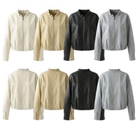 Blouson Bomber Femme Printemps-Automne Style Coréen en Cuir PU Uni avec Col Volanté, Court et Confortable, Fermeture Éclair, Revêtement Écologique