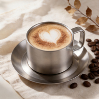 HIGHWIN Factory Direct Tasses à café, thé et expresso en acier inoxydable 304 à double paroi de 80/160 ml avec soucoupe pour la maison et le bureau