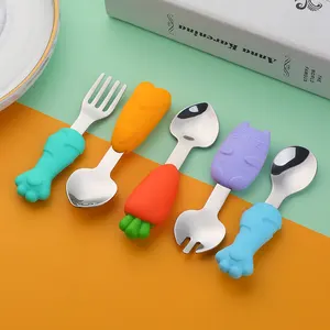 Eco-friendly Silicone Baby feeding Tableware Children Kids Spoon Fork eating training tableware set