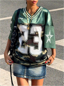 Camiseta de malla verde para mujer talla grande, cuello en V, manga tres cuartos, estampado número 23, estilo casual - Product Image 5