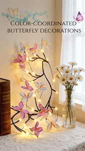 Lampe en rotin en forme de feuille de fleur de papillon LED avec des lumières de chaîne de branche flexibles DIY pour une décoration murale romantique de chambre à coucher de Noël - Product Image 4