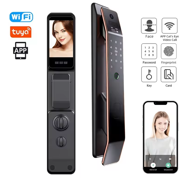 Tuya App Smart Door Lock with Camera Aluminum Alloy Wood Door Compatible 100 Fingerprint Capacity Wi-Fi Enabled