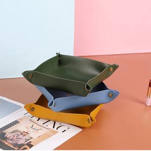 Caja de almacenamiento de escritorio de cuero nórdico, organizador plegable de joyas y cosméticos, bandeja de escritorio multifuncional 4 en 1 para el hogar y la Oficina, color azul - Product Image 2