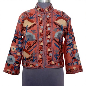 Women's Winter Coat Wholesale Knitted Fabric <b>Quilted</b> Breathable Cotton Embroidery Uzbek Suzani V-neck Front Outdoor <b>Jacket</b> - Product Image 1