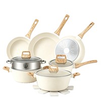 Ensemble de 17 ustensiles de cuisine antiadhésifs en aluminium moulé sous pression, aspect léger, avec wok, poêle à frire, revêtement granit, base multicouche et couvercles en verre