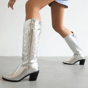 Custom Women <strong>Sparkly</strong> Cowboy Metallic Shoes Glossy Shiny Silver Leather Square Heeled Low Heel Mid Calf Women Western <strong>Boots</strong> - Product Image 2