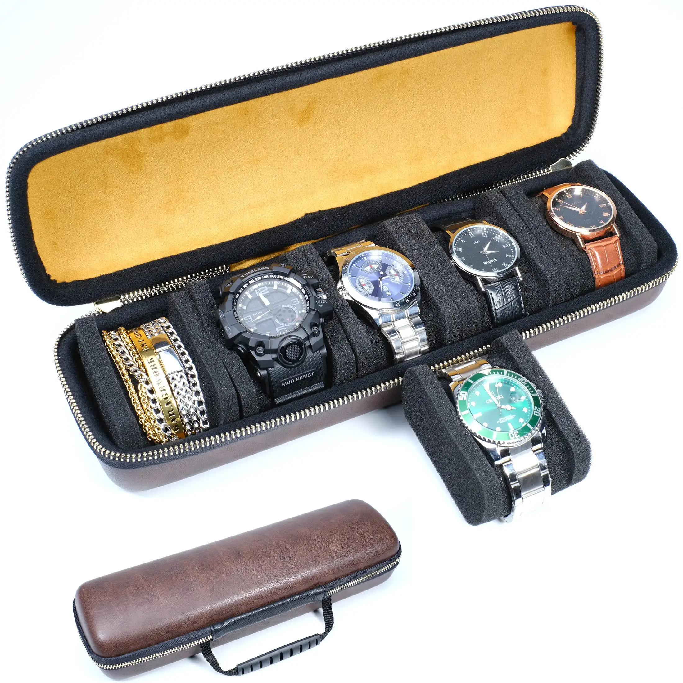 Hard Watch Travel Case 5slot Watch Roll Case Storage and Organizer for Men and Women with anti-move watch pillow