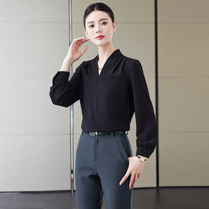 Women's V-Neck Long Sleeve Chiffon Shirt Solid Color Office Professional Blouse Polyester Fabric 2025 Autumn Style - Product Image 4