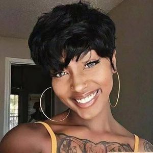 Perruque Pixie faite à la Machine, bon marché, vague de doigt, coupe courte, frange avec frange pour femmes noires, perruque de cheveux humains, mieux vaut ne pas - Product Image 3