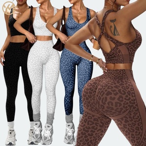 Ensemble de yoga Yimo Leopard Fashion épais avec rembourrage, dos croisé, taille haute, effet froncé aux fesses, pour femme, tenue de sport d'extérieur, vêtements de course pour femme - Product Image 1