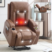 Fauteuil inclinable robuste en similicuir marron avec moteur unique, capacité de 350 lb, port USB, porte-gobelets, dossier haut, massage et chauffage