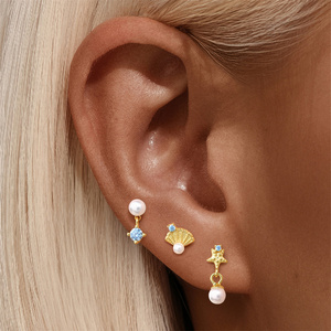 Boucles d'oreilles en argent sterling S925 avec zircon géométrique, coquillage, étoile de mer et perle - Product Image 4