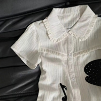 Chemisier en pur coton style Spicy Girl avec imprimé notes de musique, col Claudine, pour femme, coupe ajustée, manches courtes, idéal pour le quotidien