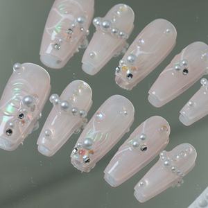 Uñas postizas acrílicas hechas a mano al por mayor, suministro a granel, cuadradas de cobertura completa, forma de ataúd, diseño de diamantes de imitación rosas - Product Image 1