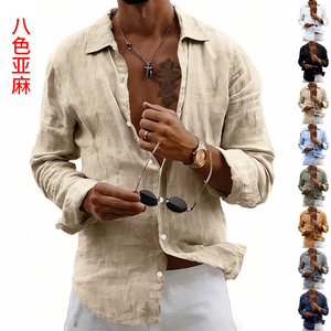 Cross-border Foreign Trade <b>Men's</b> Summer New Solid Color Thin Loose <b>Cardigan</b> Lapel Versatile Linen <b>Long</b>-sleeved Shirt Beaded - Product Image 4