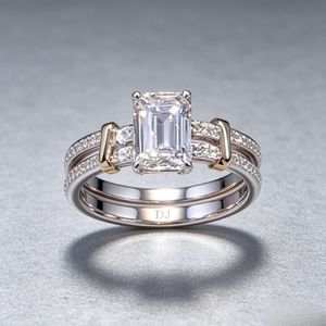 925 Sterling <b>Silver</b> <b>Emerald</b> Cut White Topaz <b>Ring</b> Split Shank Bridal Set Engagement <b>Ring</b> Wedding Band Set - Product Image 2