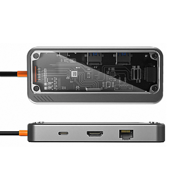 COTECi Direct Brand 8in1 USB3.0 USB2.0 Hub Punk Transparent Design with TF SD for RJ45 and USB-C 2.0 Ports