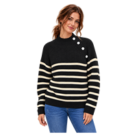 Sweater Rajut Wanita Grosir Model Ribbed Knit, Kerah Mock Neck Custom, Kancing Asimetris, Motif Garis Hitam Putih, Longgar