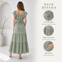 Robe longue Yegao en coton et lin vert doux, col carré, manches bouffantes, à volants étagés pour femme, robes décontractées personnalisées