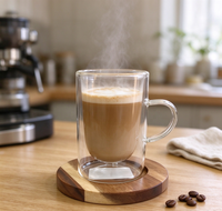 Mug en verre borosilicate à double paroi, tasse à café transparente avec poignée, sous-verre en bois d'acacia, 79 ml, pour thé, latte