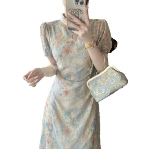 Chinese Style Floral Print Cheongsam Dress For Women Mandarin Collar Natural Waistline Light Elegant Dress Leisure Banquet Wear - Product Image 5