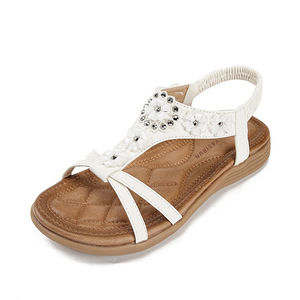 Elegant White T-Strap <b>Sandals</b> With Flower Embellishment <b>Flat</b> Heel Open Toe Slip-On Summer Women Shoes Drop Shipping - Product Image 1