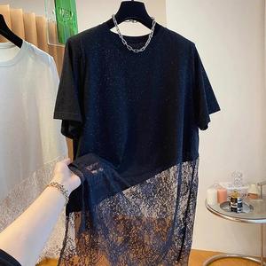 <span class=keywords><strong>Camiseta</strong></span> de <span class=keywords><strong>Mujer</strong></span> <span class=keywords><strong>con</strong></span> Dobladillo de Encaje en Contraste, Vestido Casual <span class=keywords><strong>con</strong></span> Dobladillo Asimétrico y Detalle de Brillo, Moda Sehe - Product Image 2