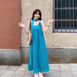 Lake Blue Halter Neck A-Line Dress Empire Waist Solid Color 3D Decoration Summer Beach Vacation Wear - Product Image 2