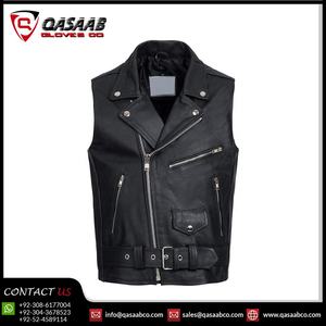 Quilted-Collar Fashion Motorcycle Bikers <b>Men</b> Genuine Leather <b>Black</b> <b>Vest</b> Sleeveless Custom Logo Printings <b>Vests</b> With Belted - Product Image 3