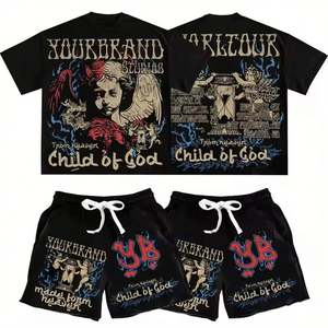 Custom Logo Heavyweight Acid Wash Oversized Designer Two-Piece Set Vintage Cotton Boxy Graphic T-<b>Shirts</b> for Casual Summer Style - Product Image 3